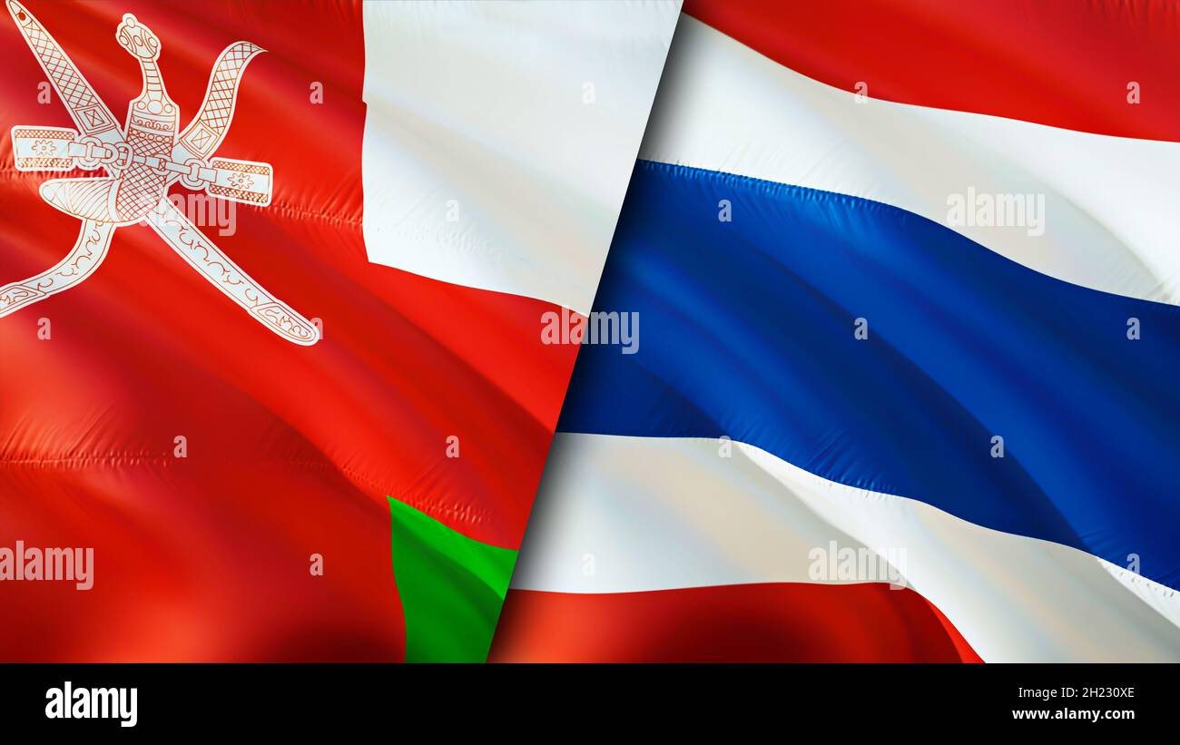 Oman and Thailand flags. 3D Waving flag design. Thailand Oman flag, picture, wallpaper. Oman vs Thailand image,3D rendering. Oman Thailand relations a Stock Photo