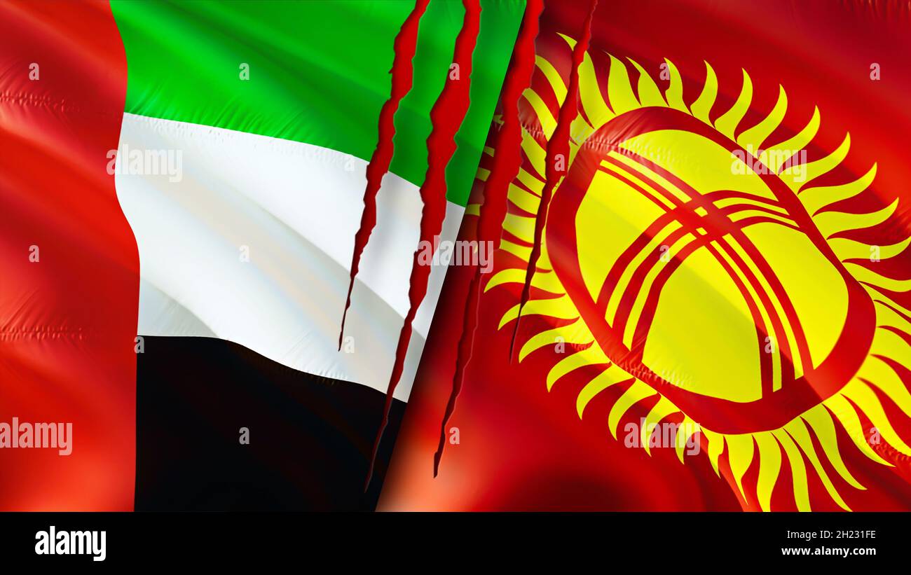 Emirates and Kyrgyzstan flags with scar concept. Waving flag,3D rendering. Kyrgyzstan and UAE conflict concept. United Arab Emirates Kyrgyzstan relati Stock Photo
