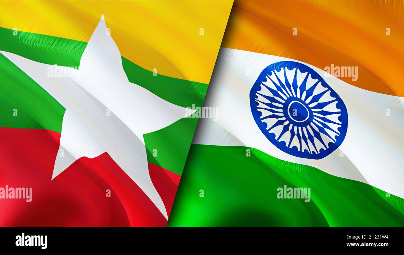 Myanmar and India flags. 3D Waving flag design. India Myanmar flag,  picture, wallpaper. Myanmar vs India image,3D rendering. Myanmar India  relations a Stock Photo - Alamy