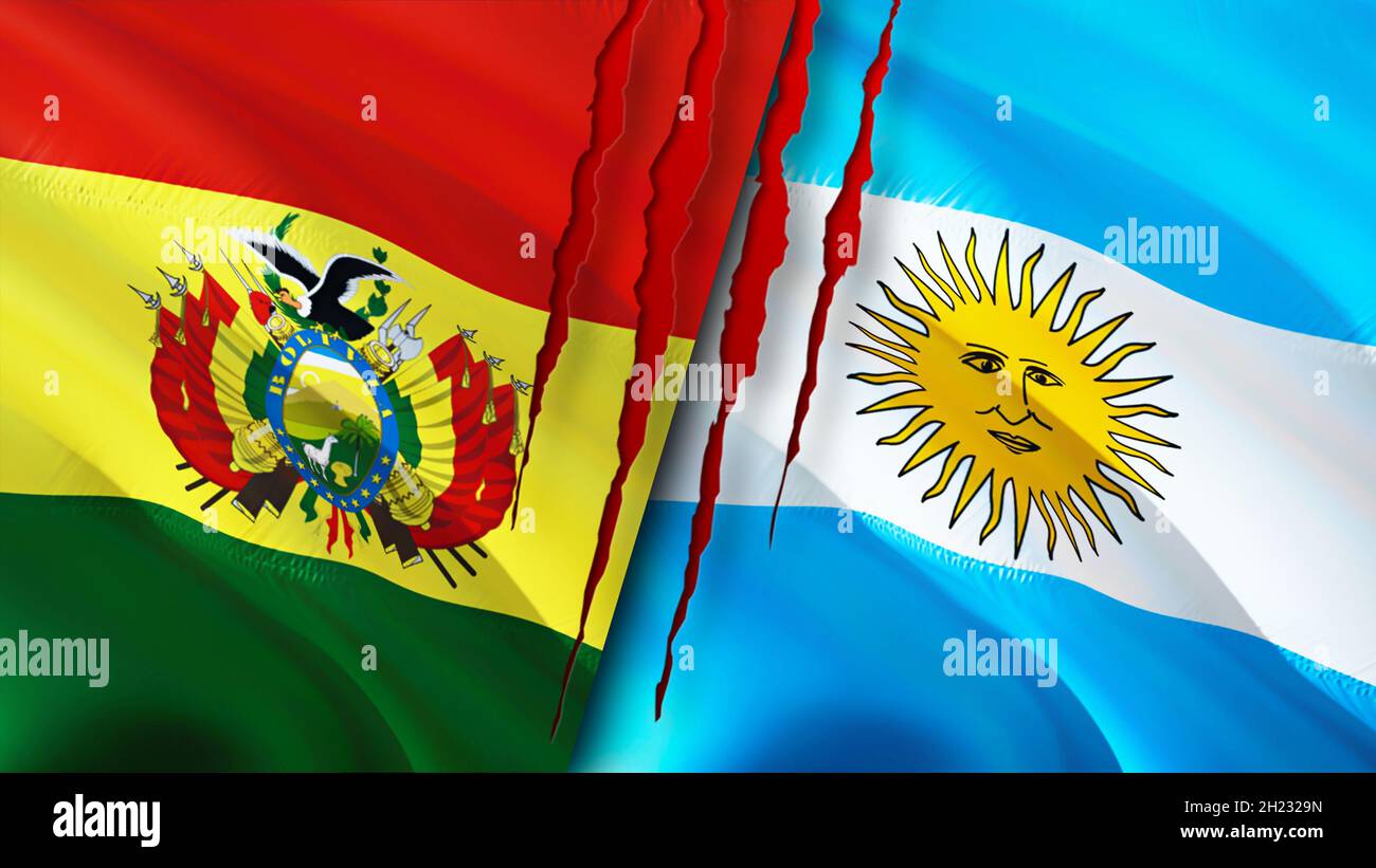 Bolivia and Argentina flags with scar concept. Waving flag,3D rendering