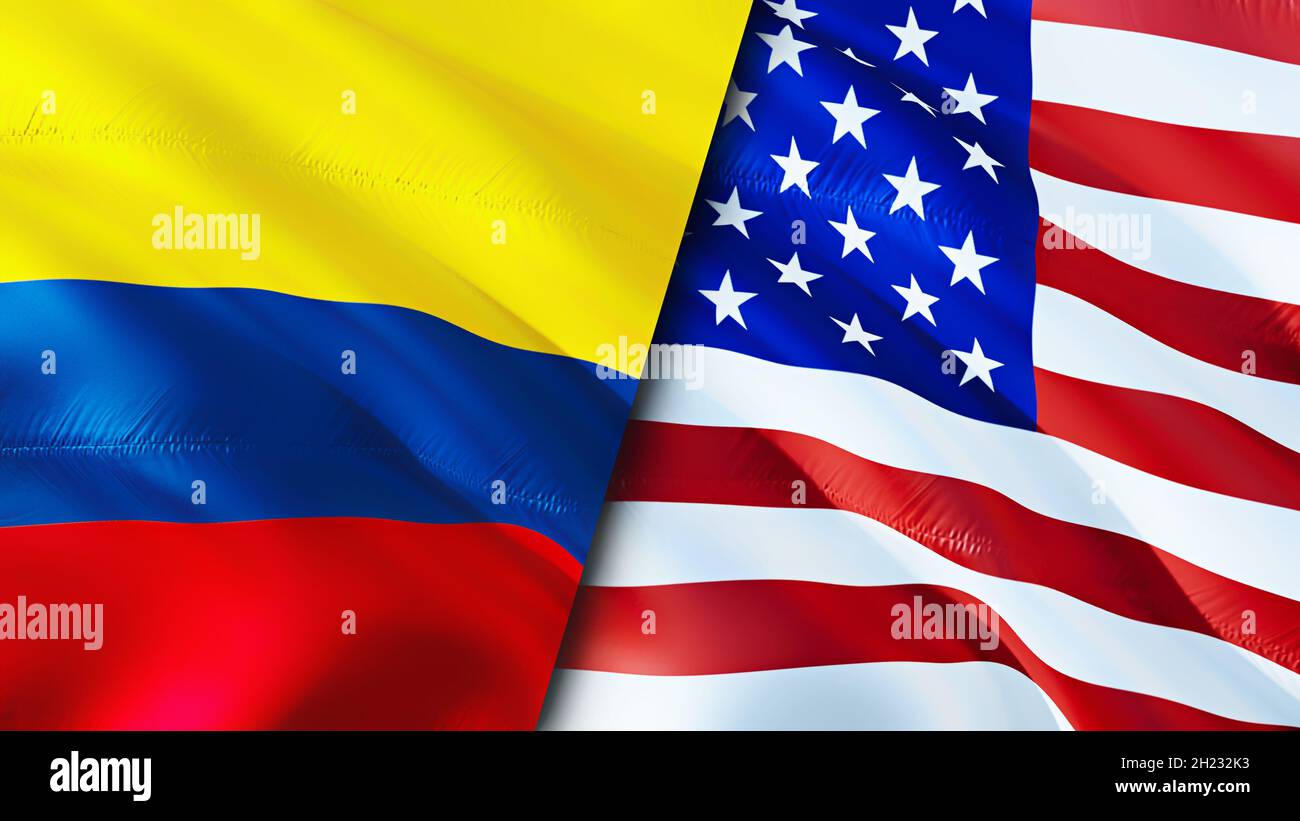 Colombia and United States flags. 3D Waving flag design. Colombia