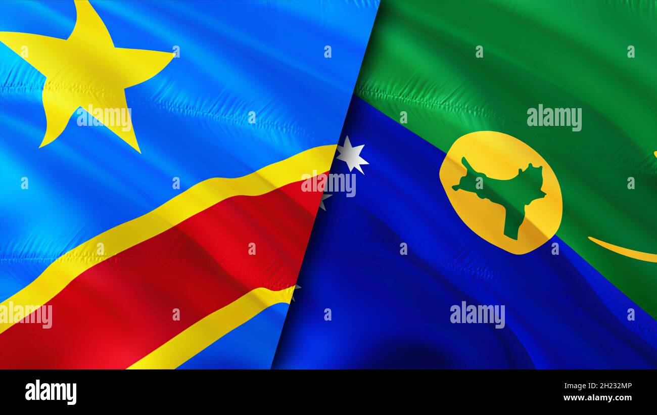 DR Congo and Christmas Island flags. 3D Waving flag design. Christmas Island DR Congo flag, picture, wallpaper. DR Congo vs Christmas Island image,3D Stock Photo