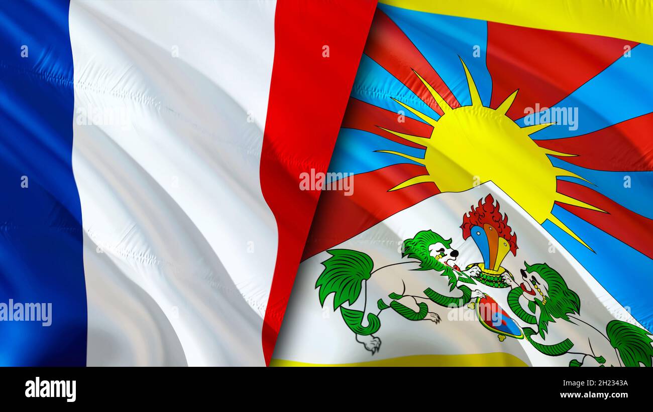 France and Tibet flags. 3D Waving flag design. France Tibet flag, picture, wallpaper. France vs Tibet image,3D rendering. France Tibet relations allia Stock Photo
