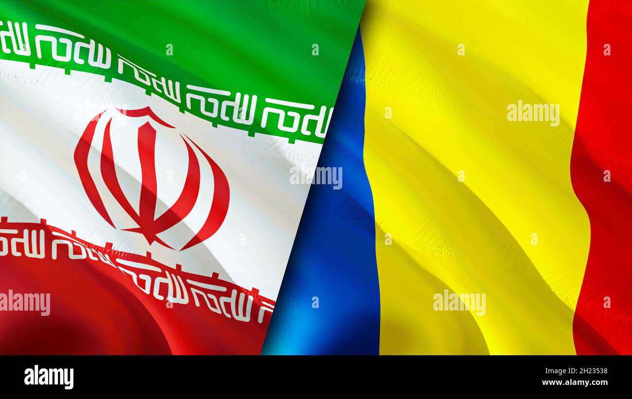 Iran and Romania flags. 3D Waving flag design. Romania Iran flag, picture, wallpaper. Iran vs Romania image,3D rendering. Iran Romania relations allia Stock Photo