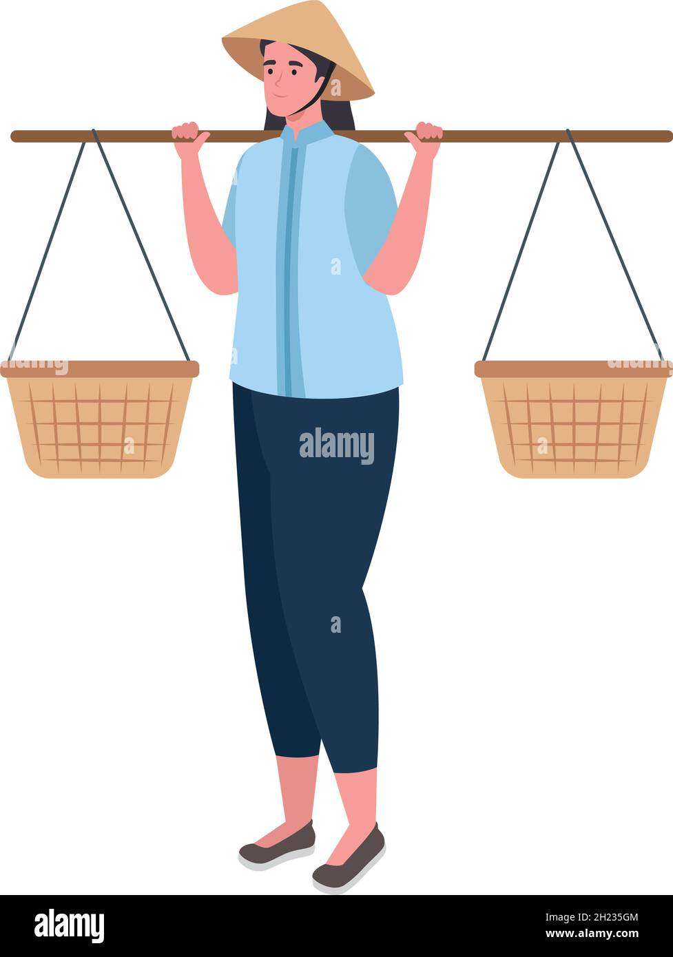woman vietnamese carrying on shoulders baskets Stock Vector