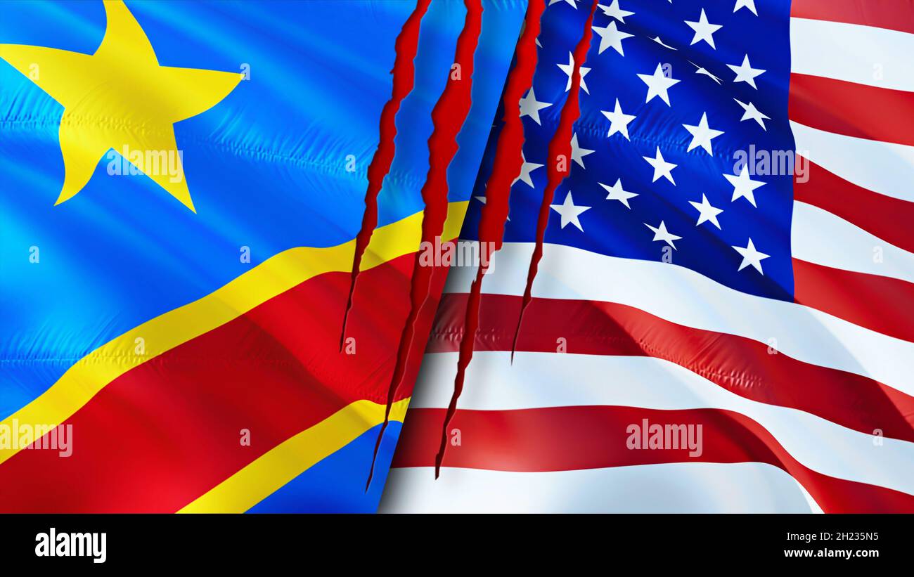 DR Congo and United States flags with scar concept. Waving flag,3D rendering. United States and DR Congo conflict concept. DR Congo United States rela Stock Photo