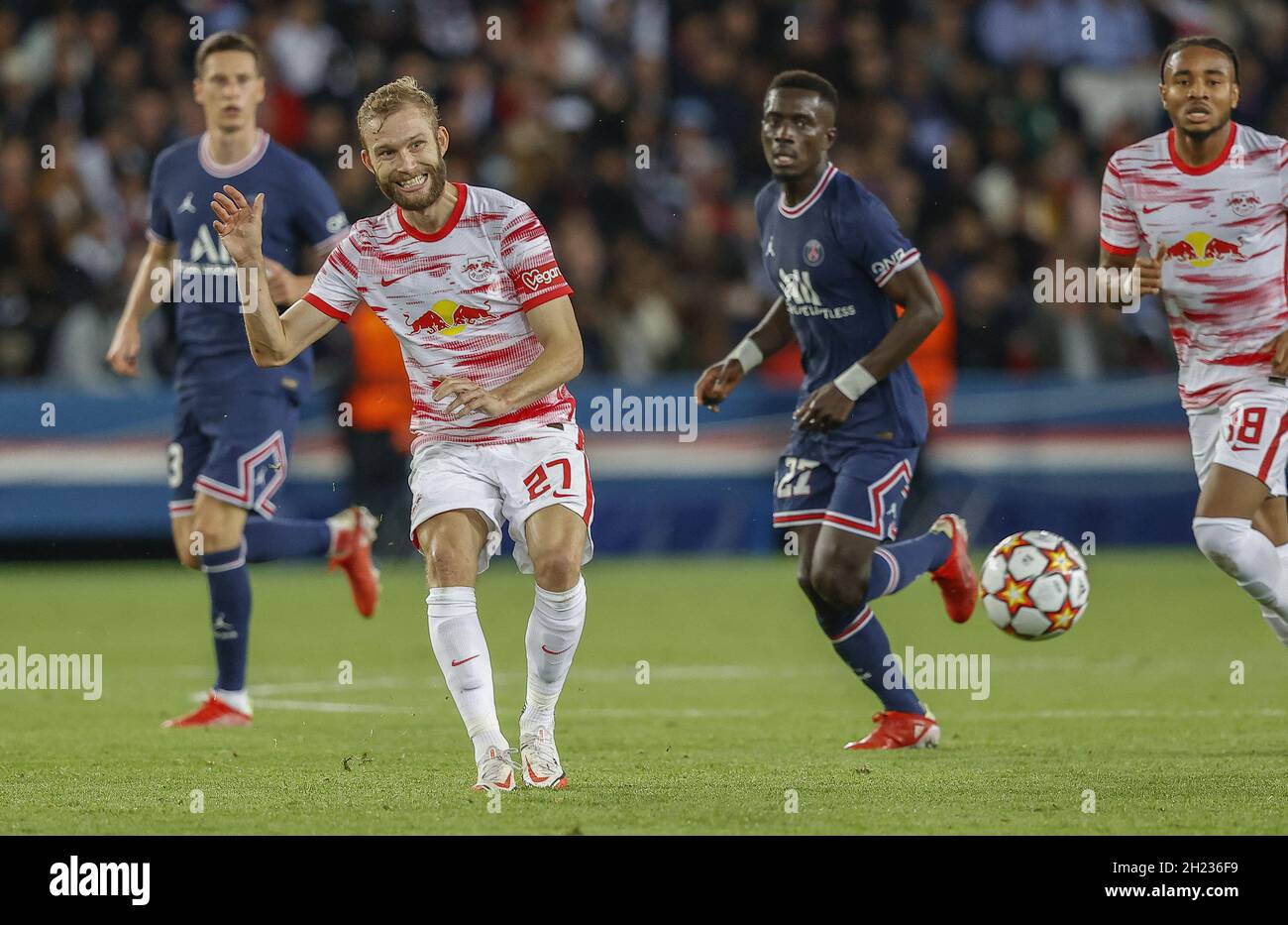 Paris, France, on October/ 2021, KONRAD LAIMER of RB LEIPZIG during the  UEFA Champions League first round Group A football match between Paris  Saint-Germain's (PSG) and RB Leipzig, at The Parc des