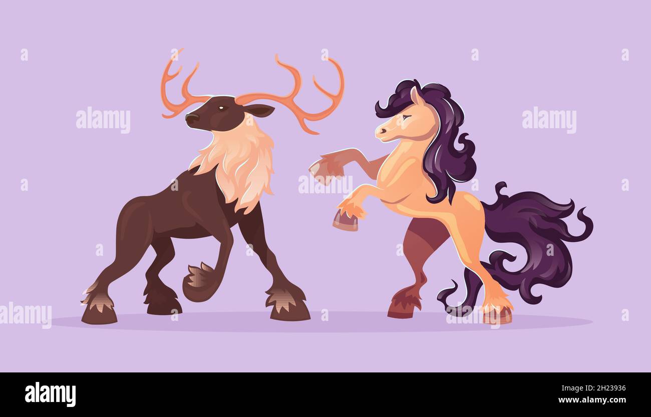 Deer and horse, wild hoofed animals. Vector cartoon set of majestic stag with antlers and mustang with beautiful mane and tail.Stallion rearing up and big reindeer isolated on purple background Stock Vector