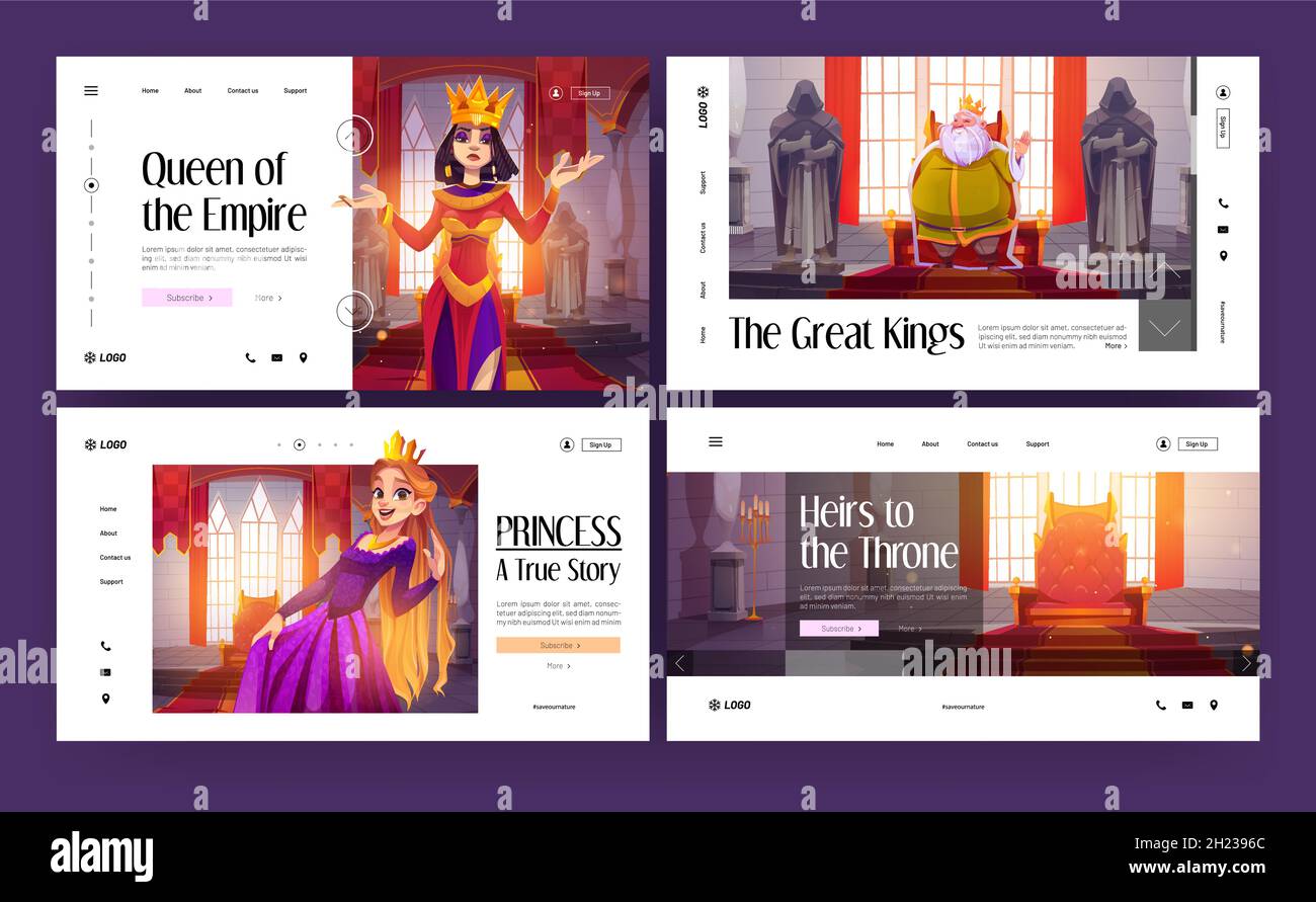 Banners of royal stories about king, queen, princess and heirs to throne. Vector landing pages of kingdom with cartoon illustration of royal characters in medieval palace Stock Vector
