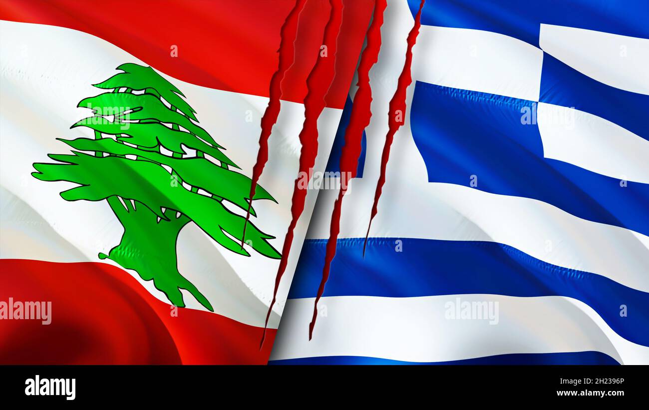 Lebanon and Greece flags with scar concept. Waving flag,3D rendering
