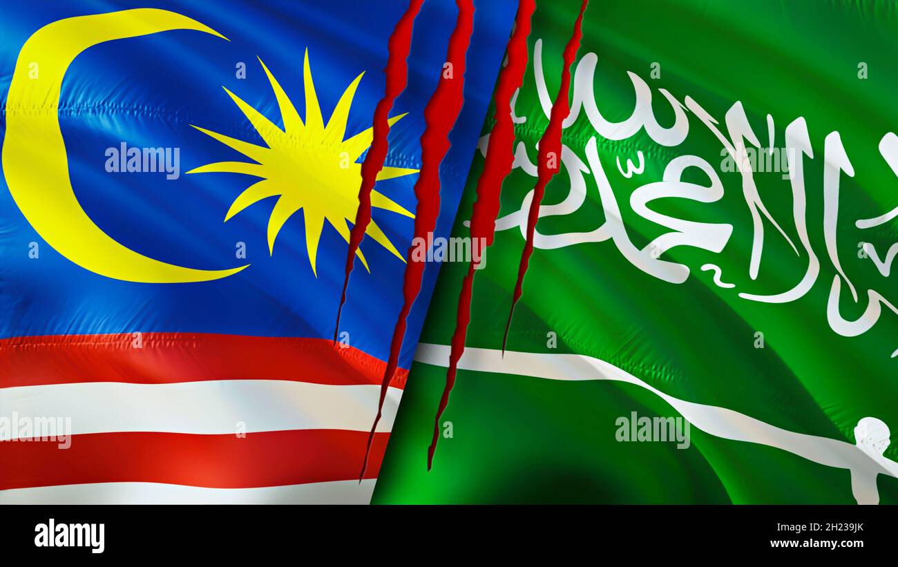 Malaysia and Saudi Arabia flags with scar concept. Waving flag,3D rendering. Malaysia and Saudi Arabia conflict concept. Malaysia Saudi Arabia relatio Stock Photo