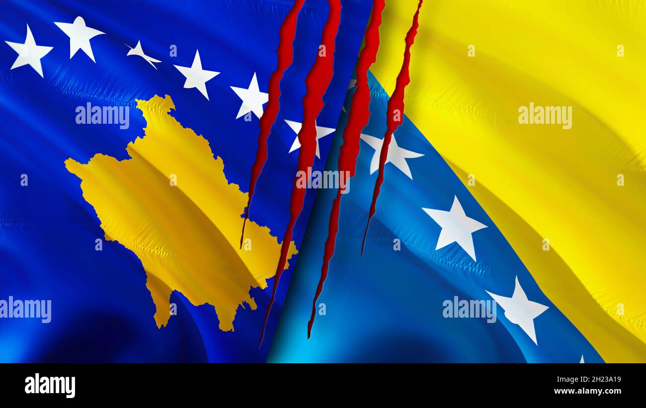 Kosovo and Bosnia and Herzegovina flags with scar concept. Waving flag,3D rendering. Bosnia and Herzegovina and Kosovo conflict concept. Kosovo Bosnia Stock Photo