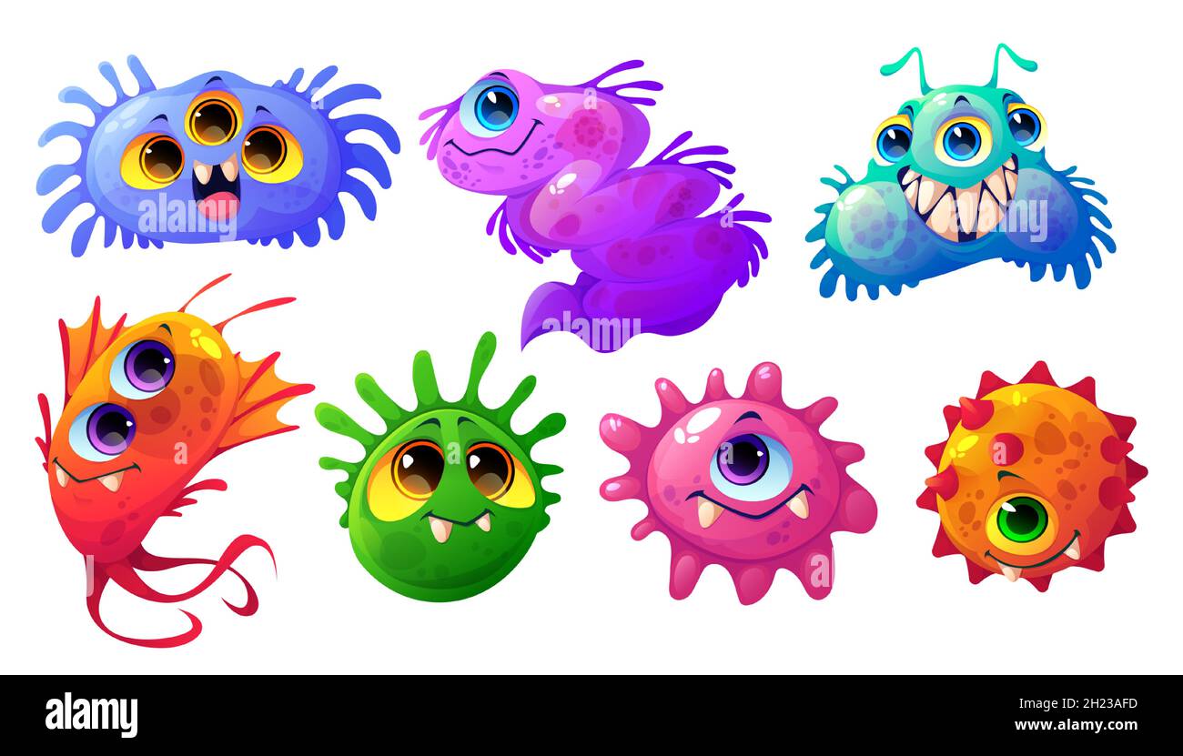 Cute bacteria, germ and virus characters isolated on white background. Vector cartoon set of funny bacterium, microorganism and biology cell with flagella and faces Stock Vector