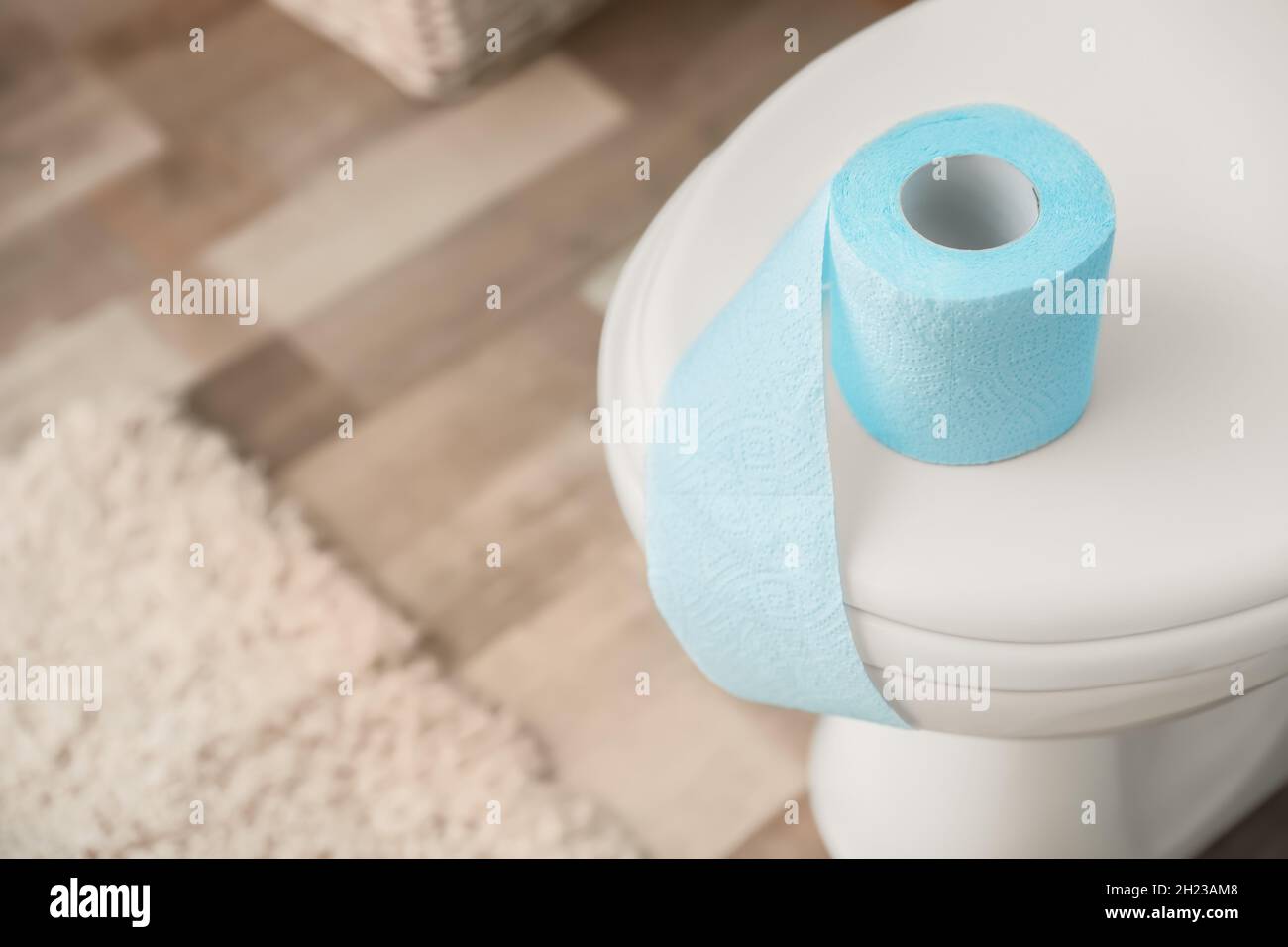 Paper roll on toilet seat lid in bathroom. Space for text Stock Photo