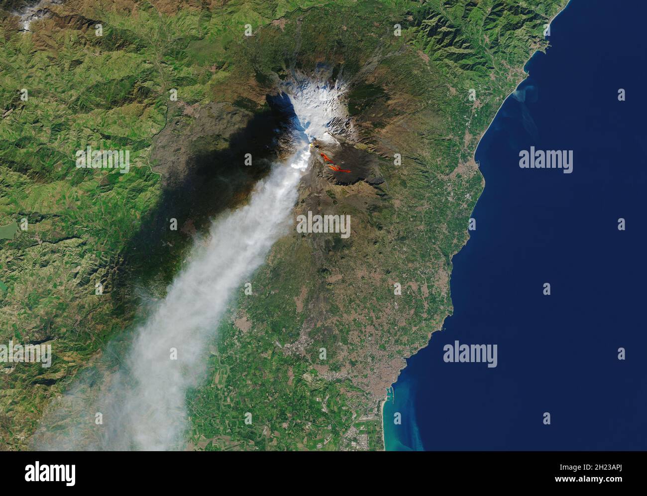 MOUNT ETNA, ITALY - 28 December 2018 - Satellite image showing Mount Etna during a flank eruption (an eruption from its side instead of its summit) on Stock Photo