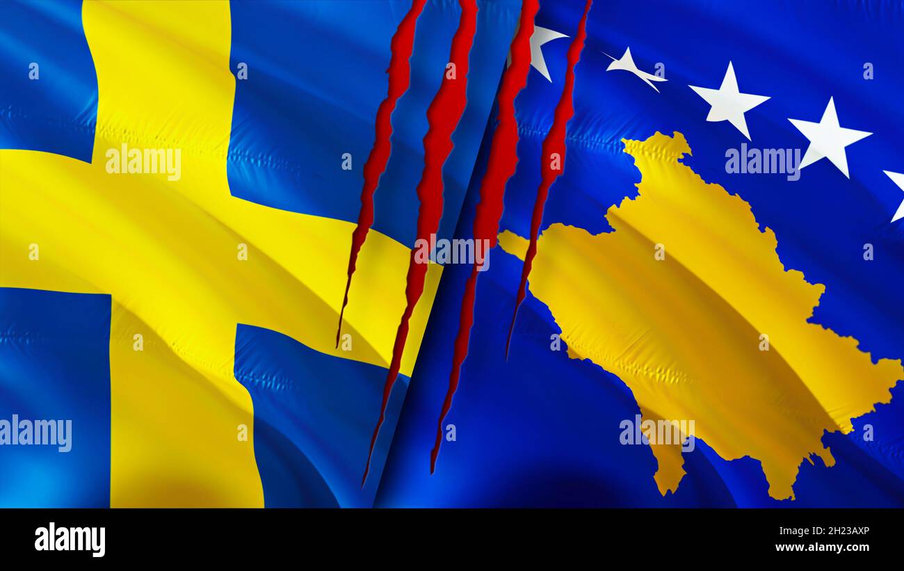 Sweden and Kosovo flags with scar concept. Waving flag,3D rendering