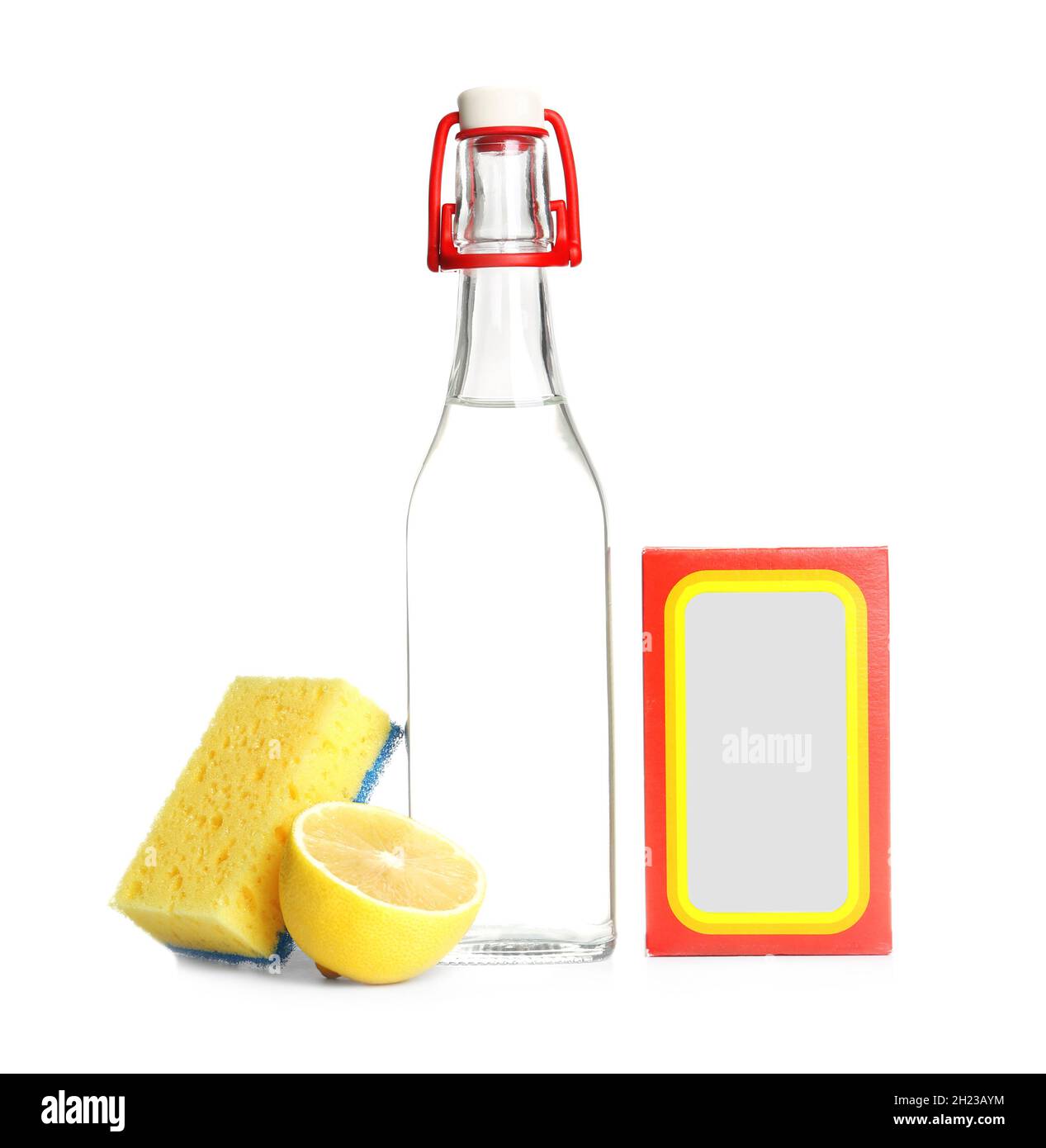 Composition with vinegar, lemon and baking soda on white background