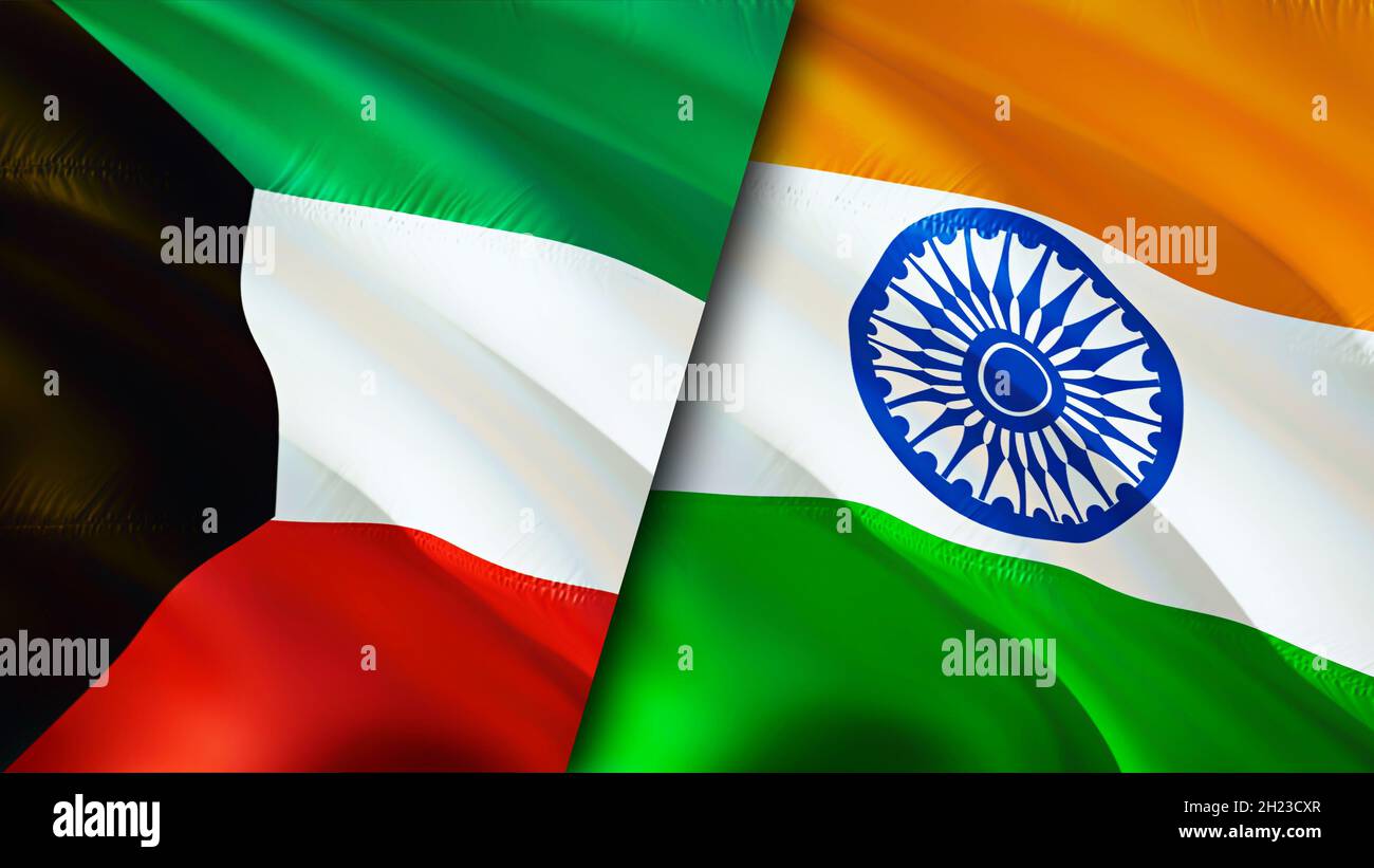 Kuwait and India flags. 3D Waving flag design. India Kuwait flag