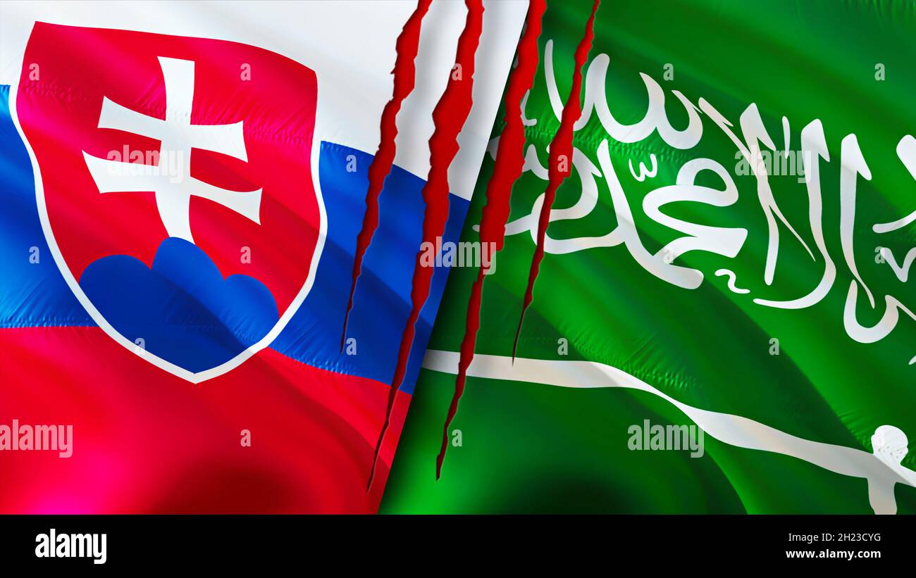 Slovakia And Saudi Arabia Flags With Scar Concept. Waving Flag,3D ...