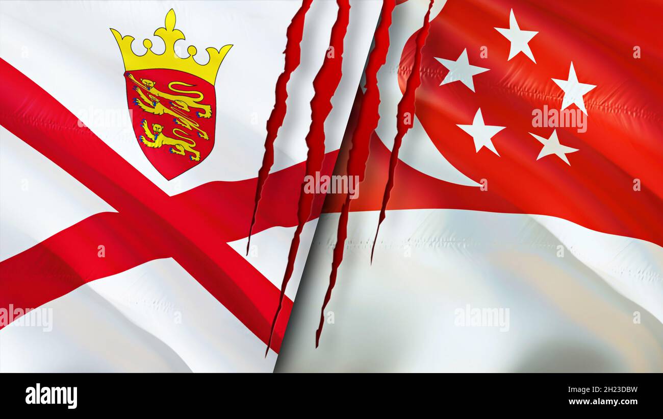 Jersey and Singapore flags with scar concept. Waving flag,3D rendering.  Singapore and Jersey conflict concept. Jersey Singapore relations concept.  fla Stock Photo - Alamy
