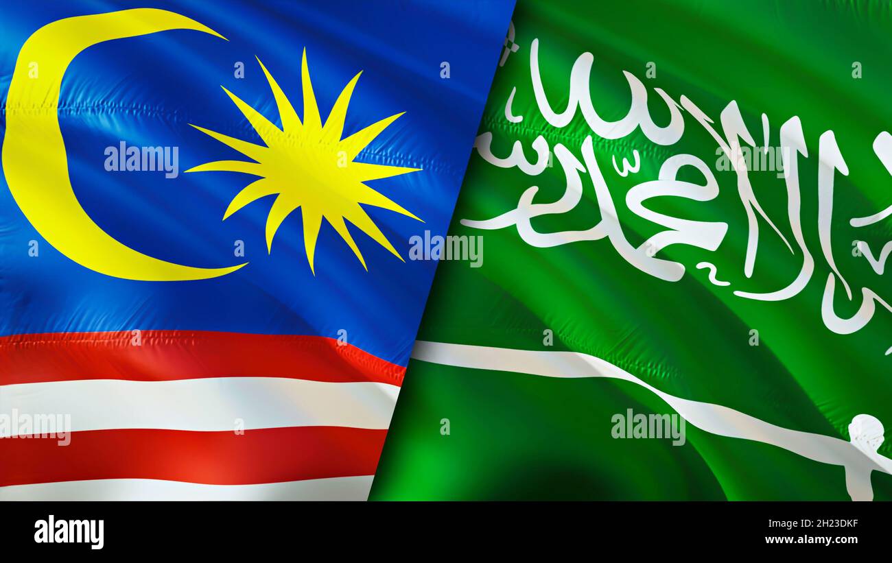Malaysia and Saudi Arabia flags. 3D Waving flag design. Malaysia Saudi Arabia flag, picture, wallpaper. Malaysia vs Saudi Arabia image,3D rendering. M Stock Photo