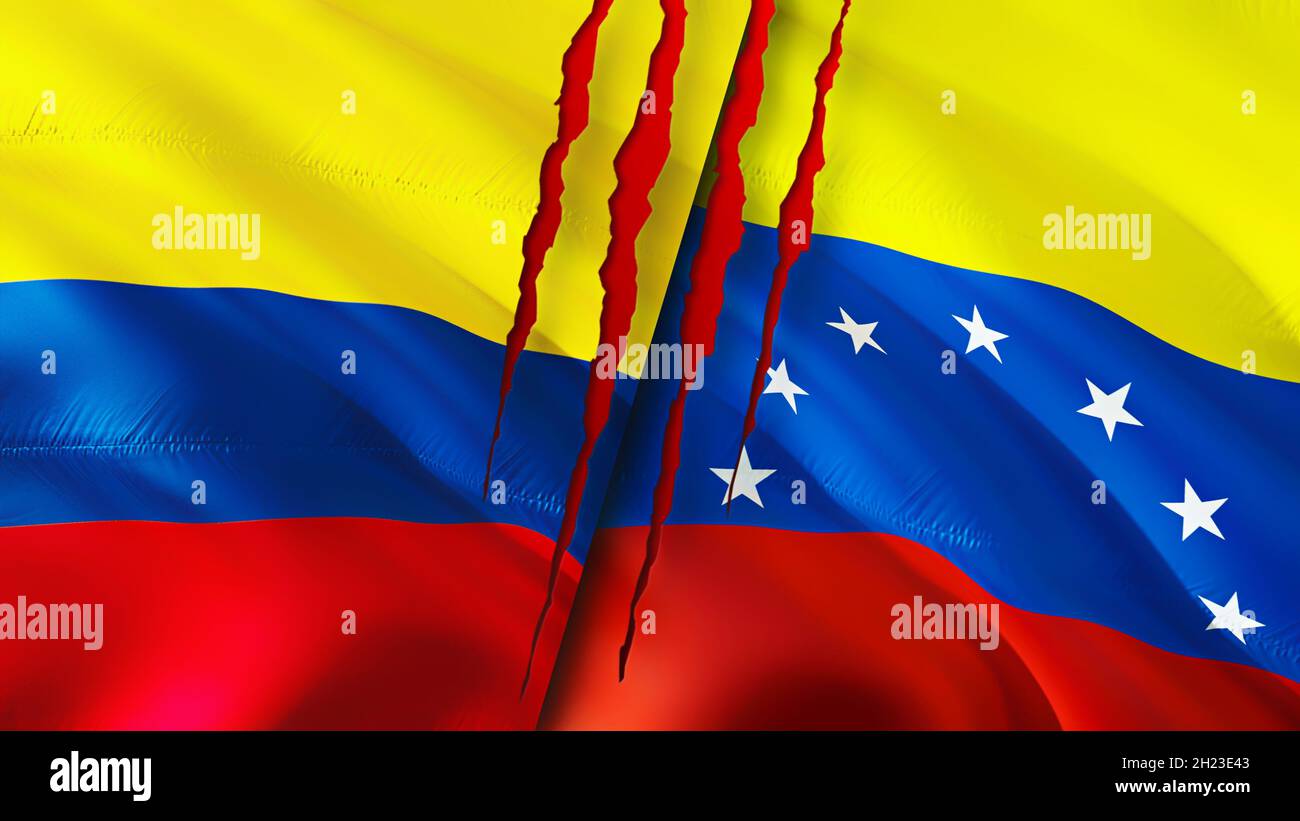 Colombia and Venezuela flags with scar concept. Waving flag 3D
