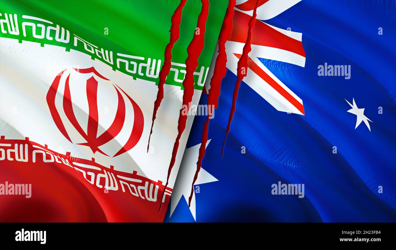 Iran and Australia flags with scar concept. Waving flag,3D rendering