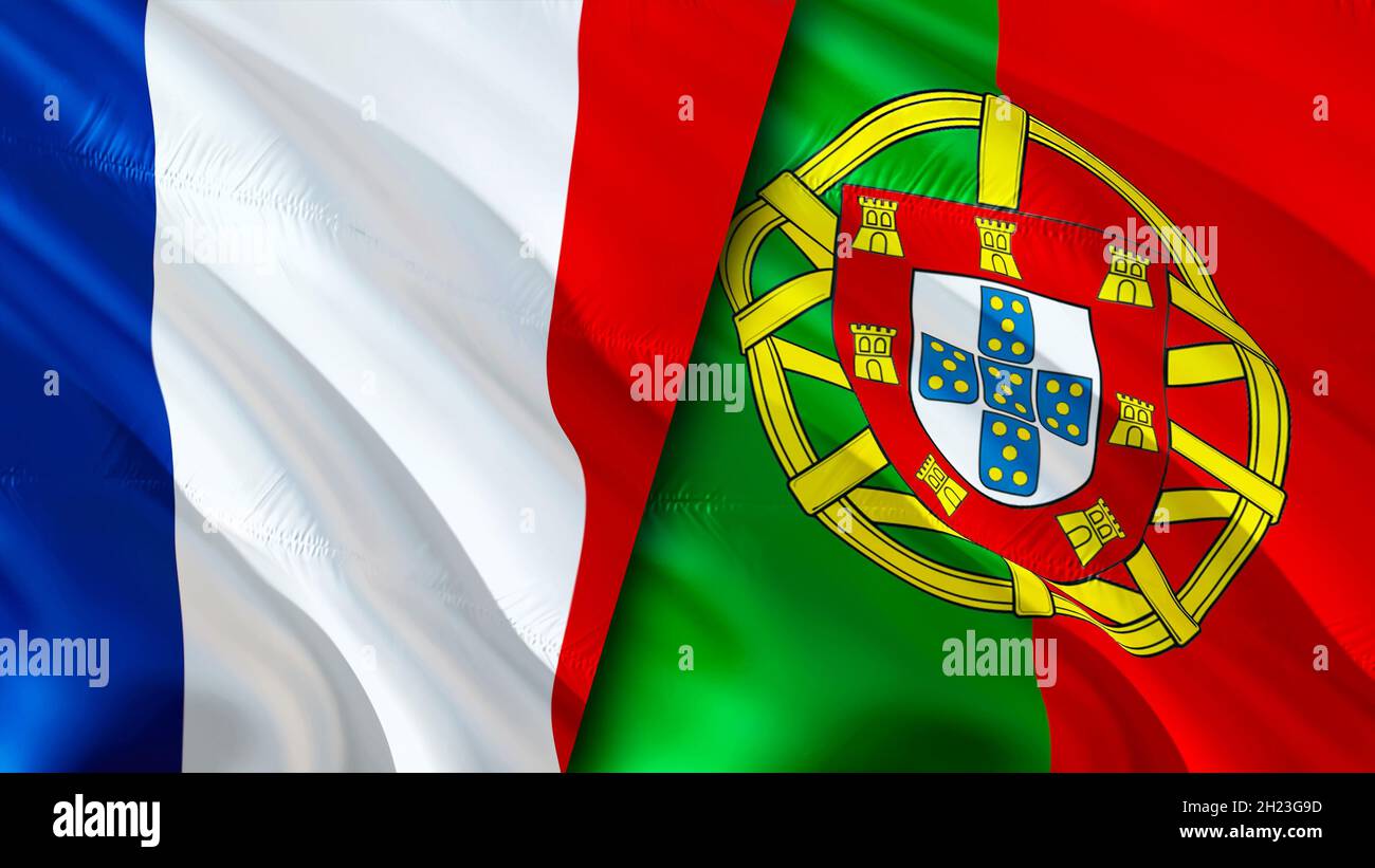 France and Portugal flags. 3D Waving flag design. France Portugal flag
