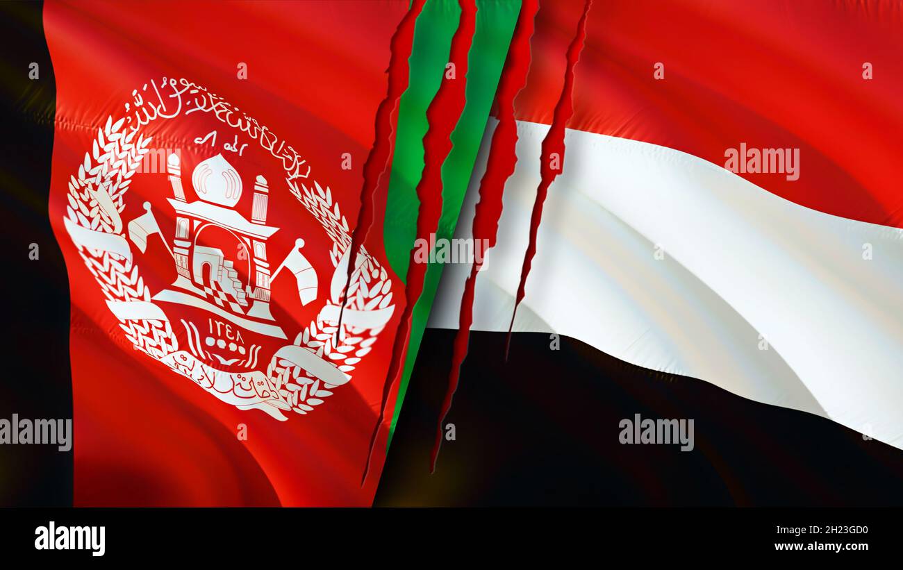 Afghanistan and Yemen flags with scar concept. Waving flag,3D rendering