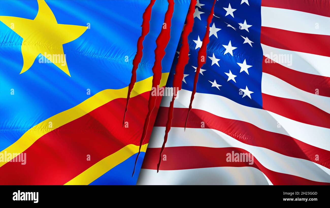 DR Congo and USA flags with scar concept. Waving flag,3D rendering. USA and DR Congo conflict concept. DR Congo USA relations concept. flag of DR Cong Stock Photo