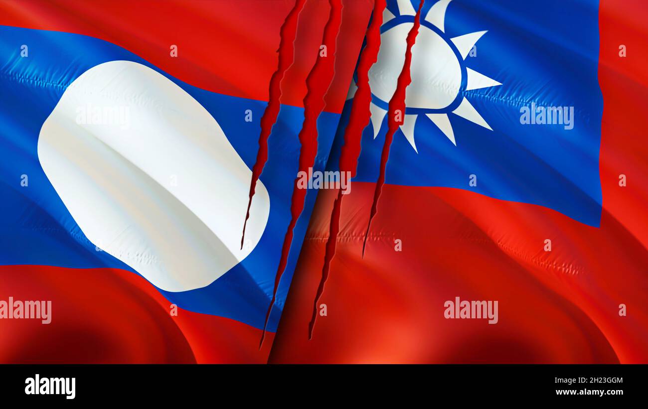 Laos and Taiwan flags with scar concept. Waving flag,3D rendering. Laos