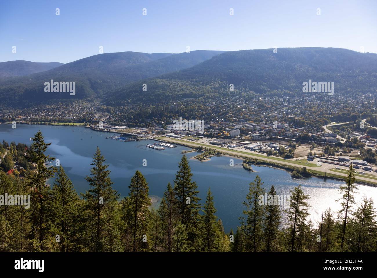 View of a small Town, Nelson. Sunny Morning. Stock Photo
