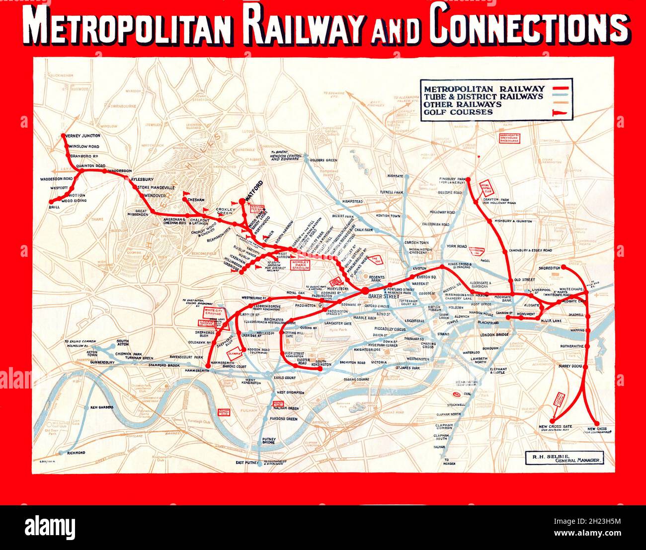 A vintage 1920's Metropolitan Railway map for underground & metro train services to London. Stock Photo