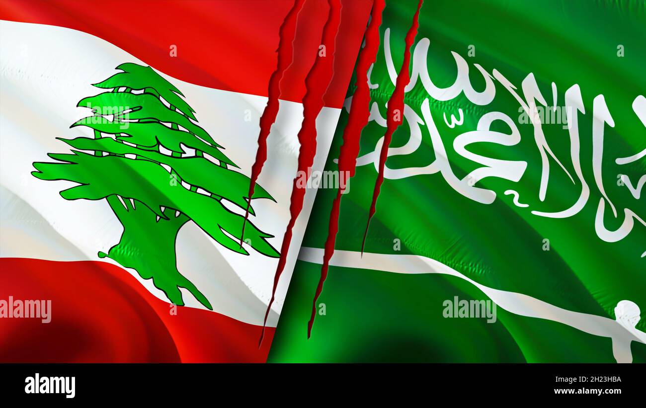 Lebanon and Saudi Arabia flags with scar concept. Waving flag,3D