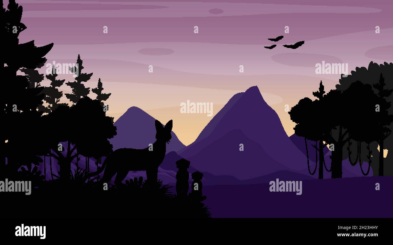 Silhouette twilight forest landscape background illustration Stock ...