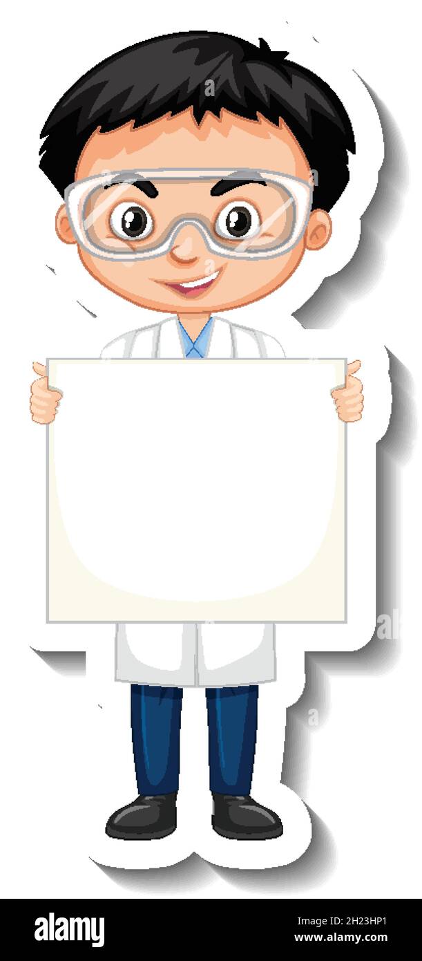 Scientist boy holding blank board cartoon character sticker ...