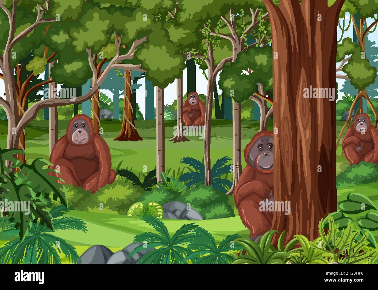 Wild animals in forest landscape background illustration Stock Vector ...