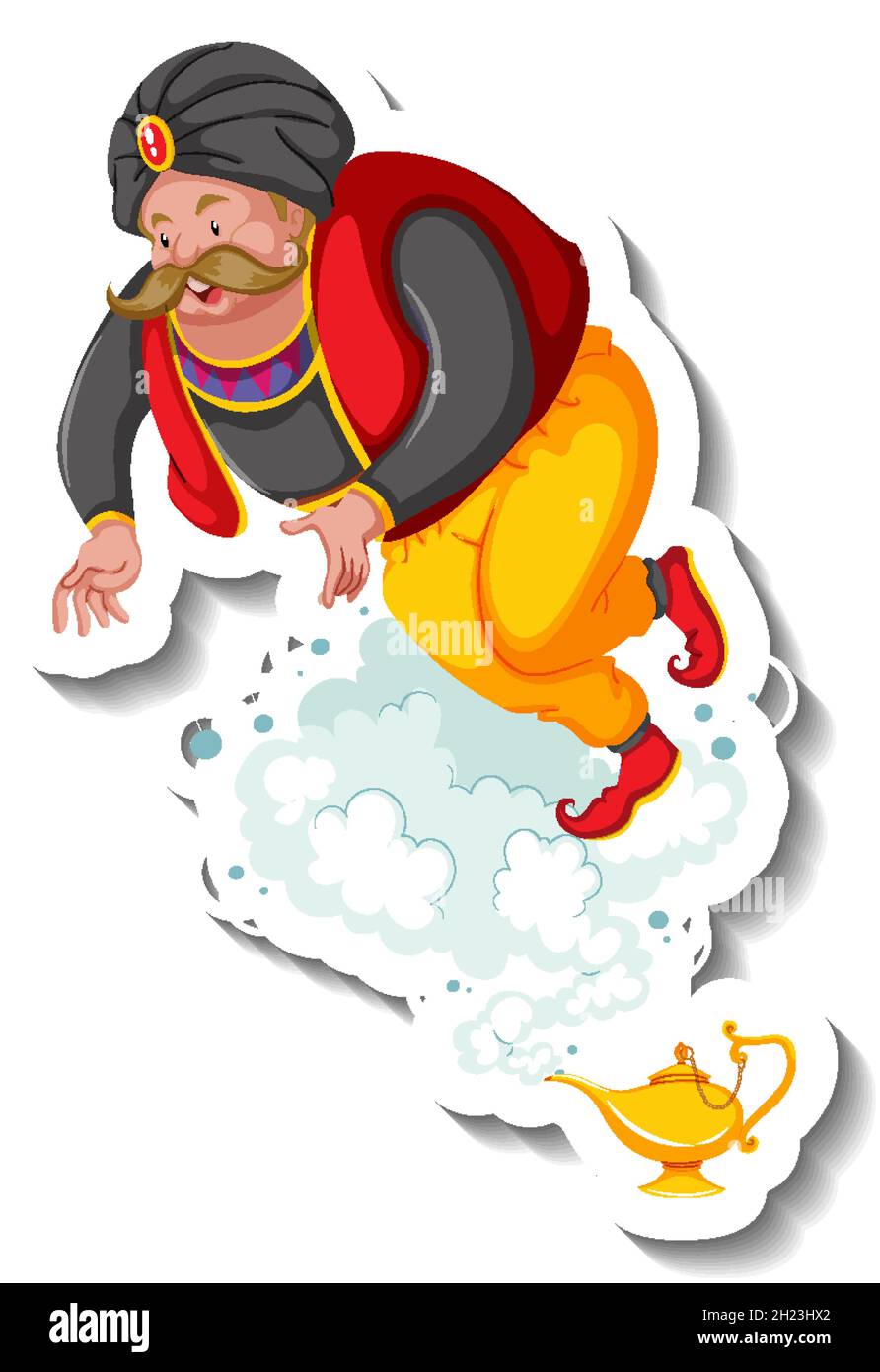 Genie coming out of magic lamp cartoon character sticker illustration ...