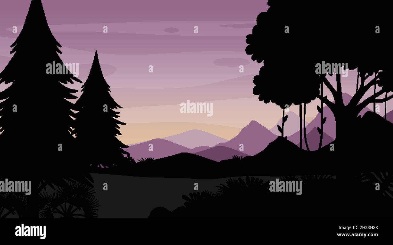 Silhouette twilight forest landscape background illustration Stock ...