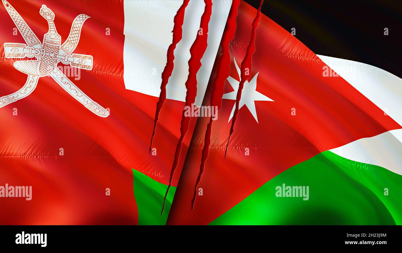 Oman and Jordan flags with scar concept. Waving flag,3D rendering. Jordan  and Oman conflict concept. Oman Jordan relations concept. flag of Oman and  J Stock Photo - Alamy