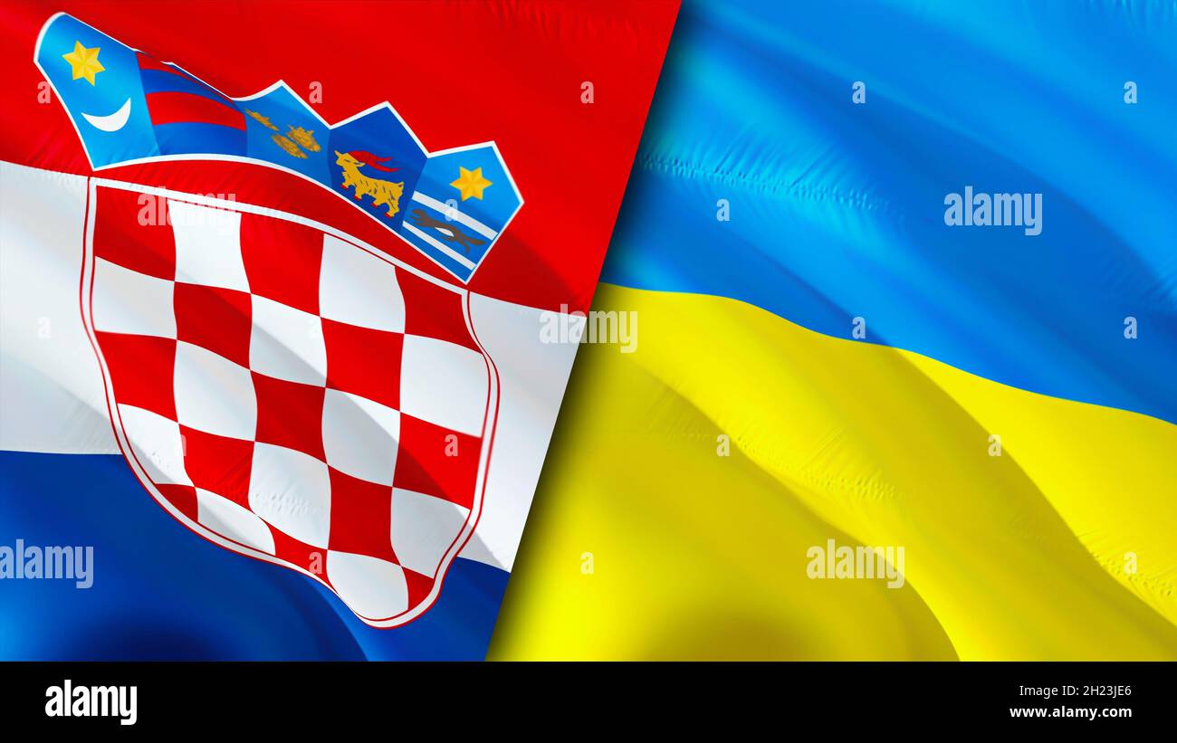 Croatia and Ukraine flags. 3D Waving flag design. Ukraine Croatia flag, picture, wallpaper. Croatia vs Ukraine image,3D rendering. Croatia Ukraine rel Stock Photo