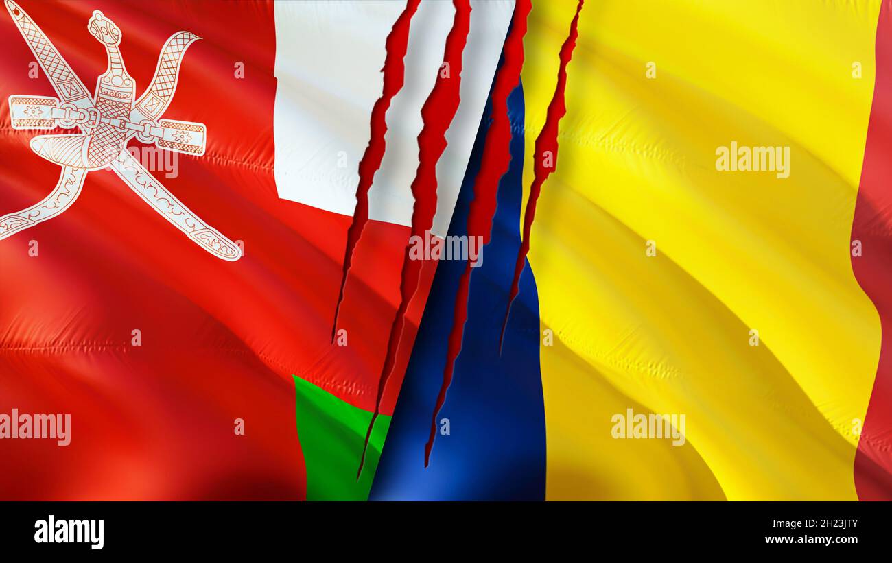 Oman and Chad flags with scar concept. Waving flag,3D rendering. Chad and Oman conflict concept. Oman Chad relations concept. flag of Oman and Chad cr Stock Photo