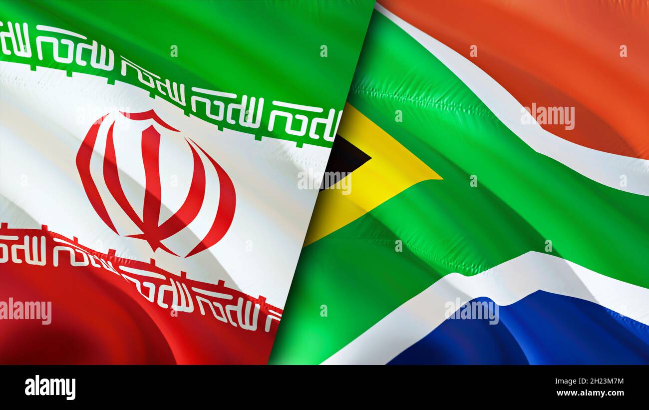 Iran and South Africa flags. 3D Waving flag design. South Africa Iran