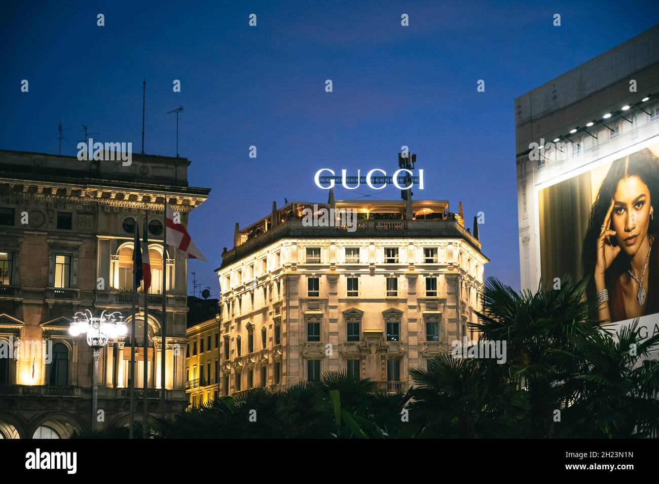 Gucci shop in the Duomo Cathedral Square in Milan. Gucci is a historic  Italian fashion brand Stock Photo - Alamy