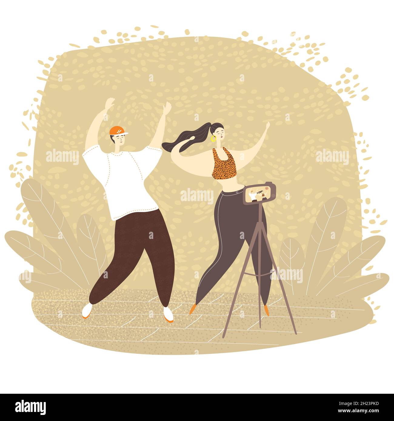 Video bloggers, male and female are dancing on camera. Young people live streaming with smart phone. Dance challenge Stock Vector