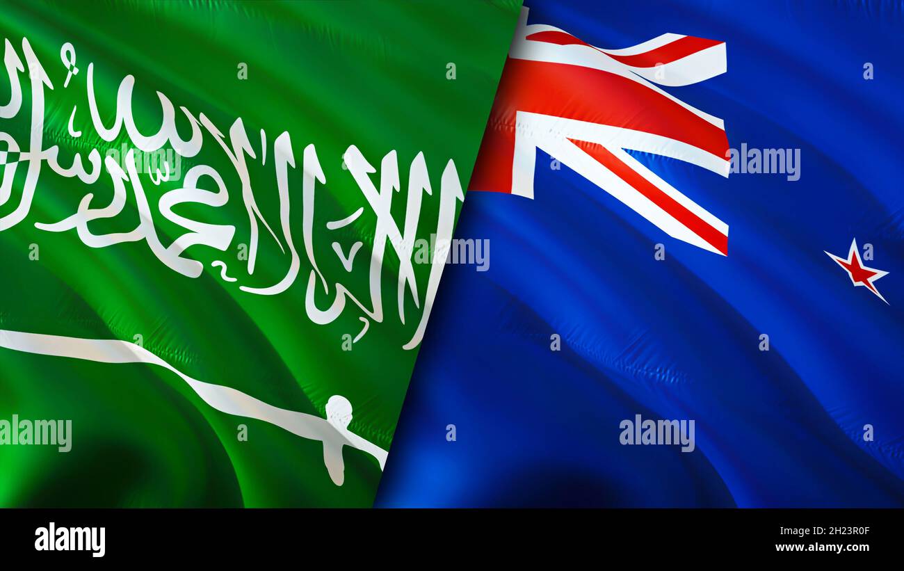 Saudi Arabia and New Zealand flags. 3D Waving flag design. New Zealand