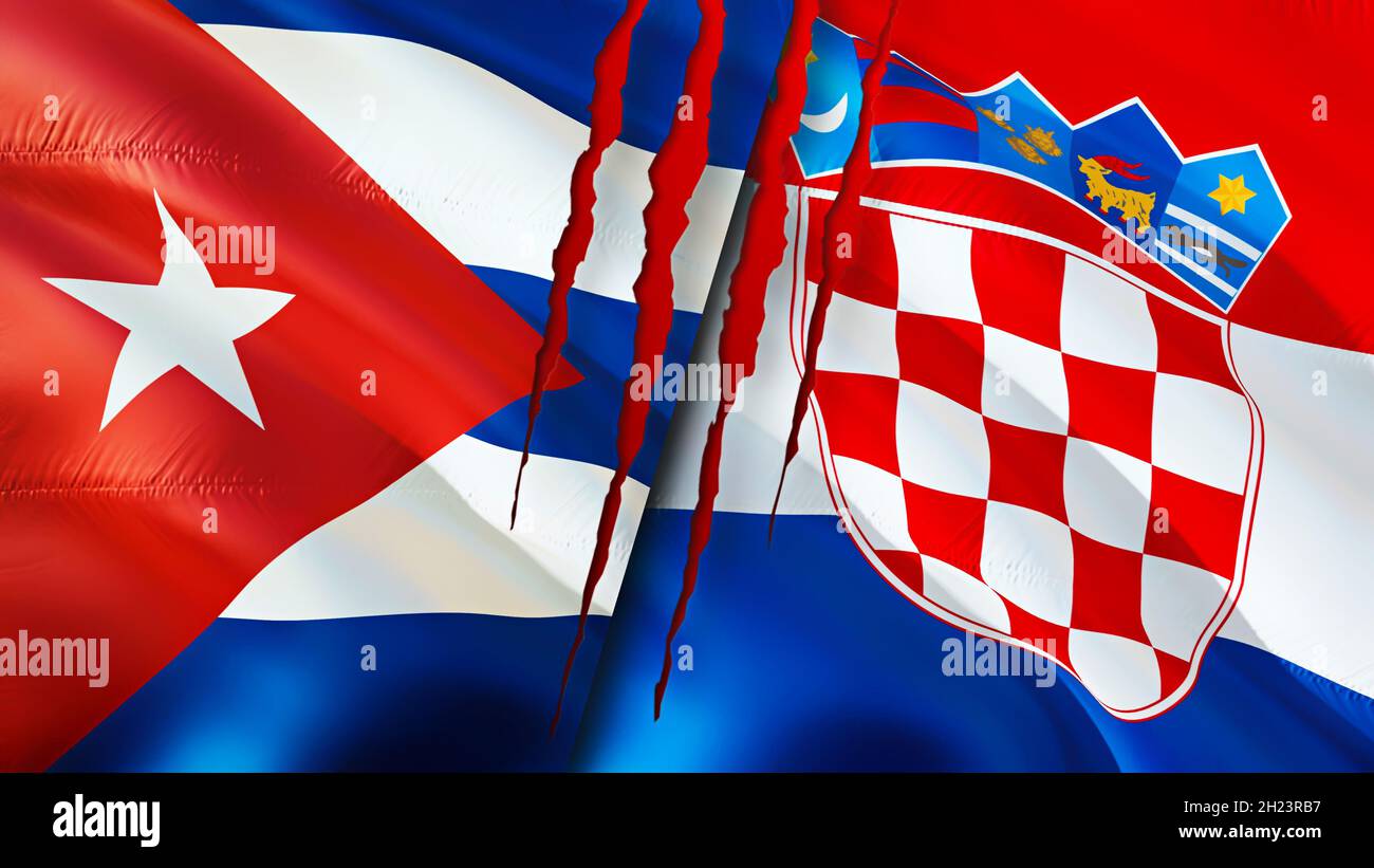 Cuba and Croatia flags with scar concept. Waving flag 3D rendering. Cuba and Croatia conflict concept. Cuba Croatia relations concept. flag of Cuba an Stock Photo