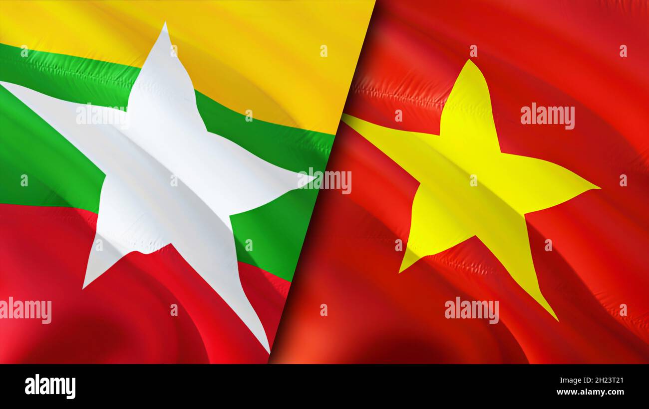 Myanmar and Vietnam flags. 3D Waving flag design. Vietnam Myanmar flag, picture, wallpaper. Myanmar vs Vietnam image,3D rendering. Myanmar Vietnam rel Stock Photo