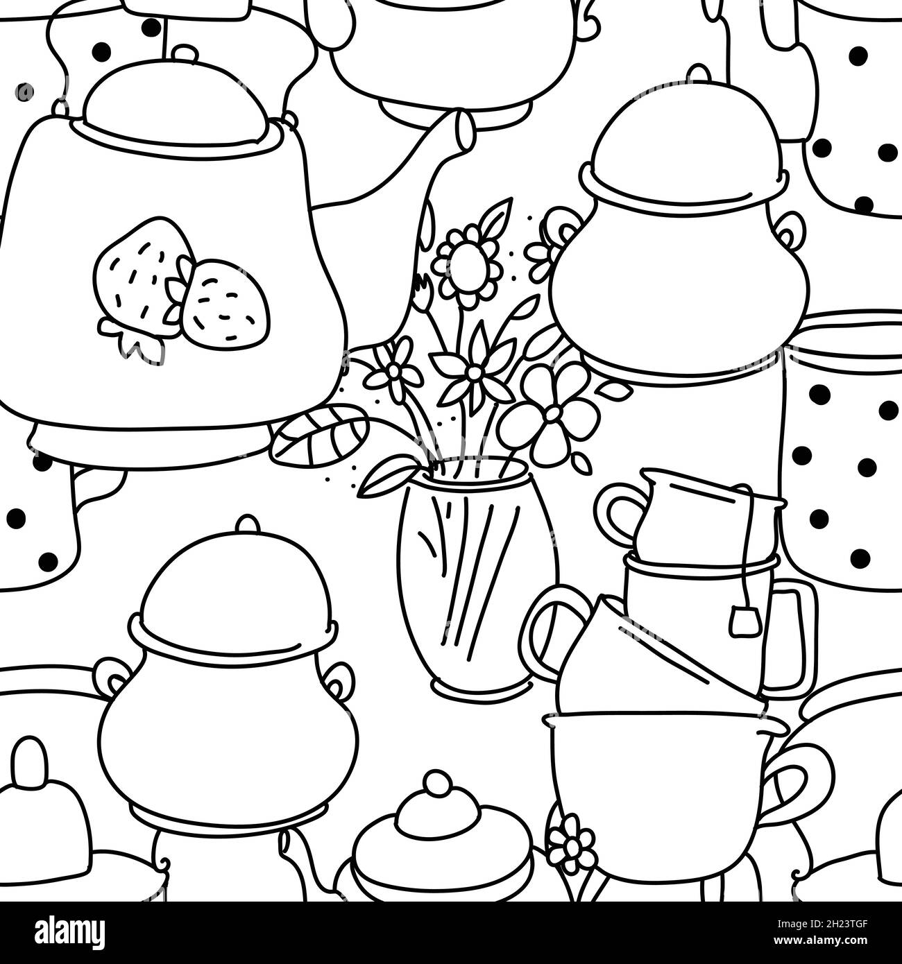 Seamless black and white pattern. Tea drinking illustration Stock ...
