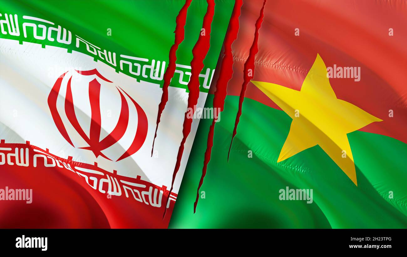 Iran and Burkina Faso flags with scar concept. Waving flag,3D rendering